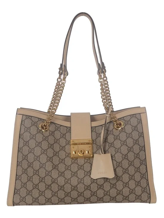 ♥️Gucci Padlock Beige GG Supreme Canvas Shoulder Tote with Gold Chain Handles♥️ - Picture 1 of 16